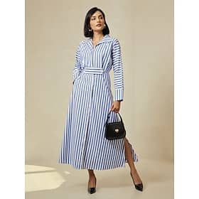 Cotton Stripe Button Up Maxi Shirt Dress