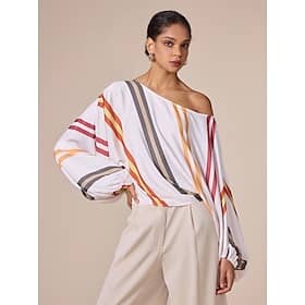 Satin Multi Color Stripe Slash Neck Casual Daily Blouse