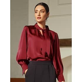 Satin Solid Lantern Sleeve Tie Front Blouse