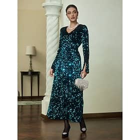 Sequin Dark Green Long Sleeve Split Knit Maxi Dress