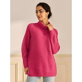 Turtleneck Ribbed Knit Wool Blend Drop Shoulder Batwing Sleeve Pullover Sweater