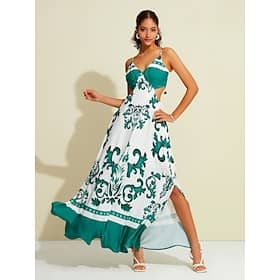 Satin Floral Botanical V Neck Sleeveless Maxi Dress