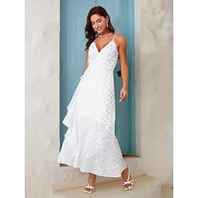 Women's Chiffon White Dress Polka Dot Spaghetti Strap Maxi Dress