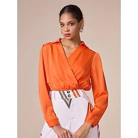 Satin Orange Crossover Collar Casual Daily Blouse