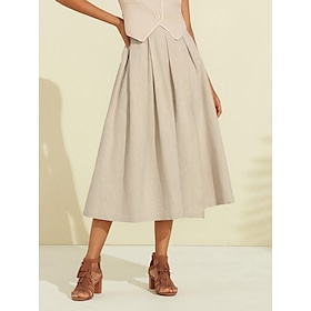 Women's Linen Blend Khaki Box Pleated Midi Skirt